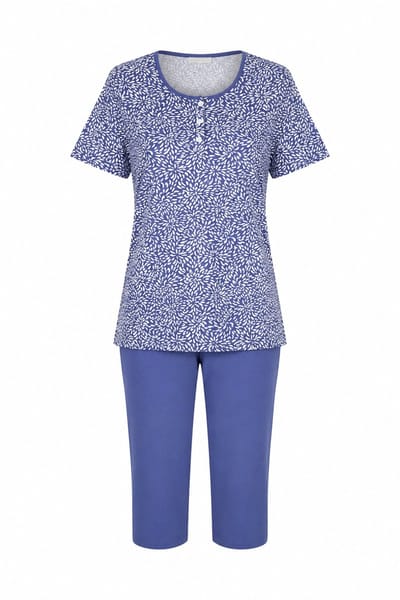 Hajo Dames pyjama met capri broek - blauw - katoen - maat 40/42