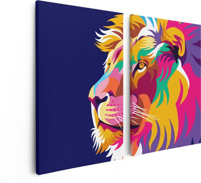 Artaza Canvas Schilderij Tweeluik Gekleurde Leeuw - Leeuwenkop - Abstract - 80x60 - Foto Op Canvas - Canvas Print