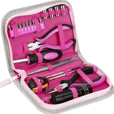 23-delige gereedschapsset voor dames en thuis | complete set met meetlint, tangen en schroevendraaiers | compacte gereedschapskoffer voor doe-het-zelf en reparaties (roze)