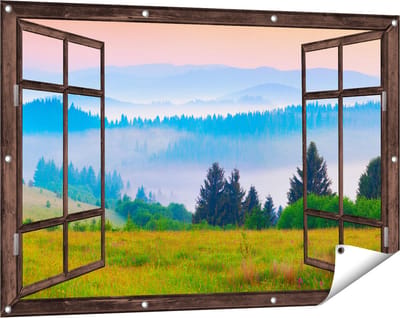 Gards Tuinposter Doorkijk Mistige Heuvel Landschap met Bossen - 120x80 cm - Tuindoek - Tuindecoratie - Wanddecoratie buiten - Tuinschilderij