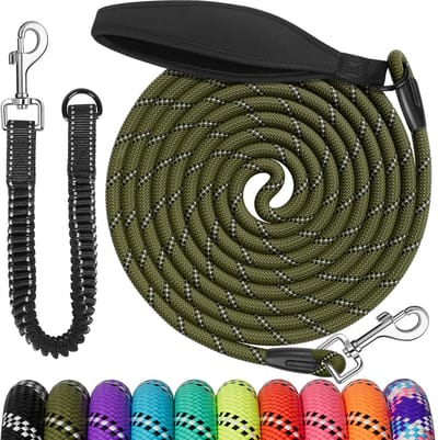 Bungee-looplijn voor honden, 3 m, 5 m, 9 m, 10 m, 15 m, 20 m, 30 m, schokabsorberende hondenriem, gevoerde handgreep, reflecterende draden, afsluitbare haak voor middelgrote en grote honden