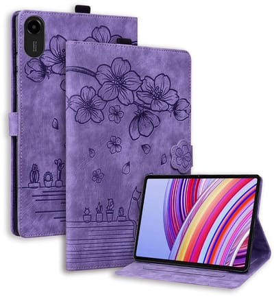Bescherm-Etui Hoes Map voor Xiaomi Redmi Pad 2 - 11 - Bloemen en Kat - Paars