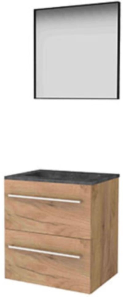 Basic-Line Framed 46 Badkamermeubelset - 60 x 46 cm - Met Grepen - 2 Lades - Hardstenen Wastafel - 1 Kraangat - Spiegel met Zwart Aluminium Frame - Whisky Oak