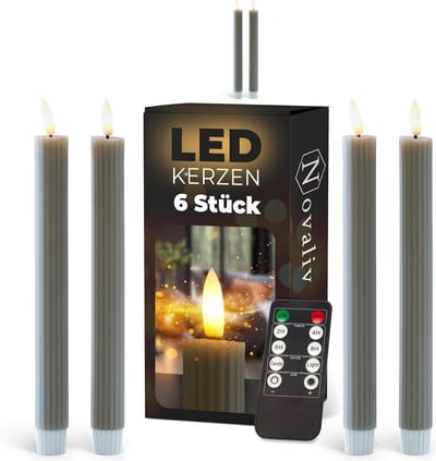 LED-kaarsen met timer Taupe GRIJS 6 stuks Binnen 6 uur ECHTE WAS geribbeld 23 cm hoogte voor kaarsen 2,2 cm diameter 2 AAA-batterijen vereist LED-kaarsen set van 2 2X bewegende vlam