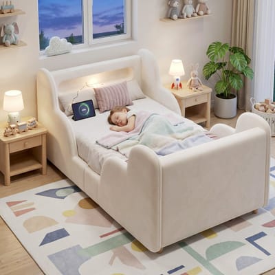 Welltin Peuterbed 90x200 cm - Kinderbed 90x200 cm - Gestoffeerd bed - Peuterbed - Eenpersoonsbed - Gestoffeerd hoofdbord - Met bedframe - LED - USB - Flueel gebroken wit