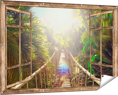 Gards Tuinposter Doorkijk Houten Brug in de Tropische Jungle - 150x100 cm - Tuindoek - Tuindecoratie - Wanddecoratie buiten - Tuinschilderij