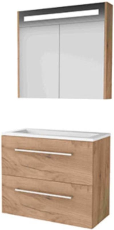 Basic-Line Premium 39 Badkamermeubelset - Ondiep - 80 x 39 cm - Met Grepen - 2 Lades - Acryl Wastafel - 1 Kraangat - Spiegelkast met LED Verlichting - Whisky Oak