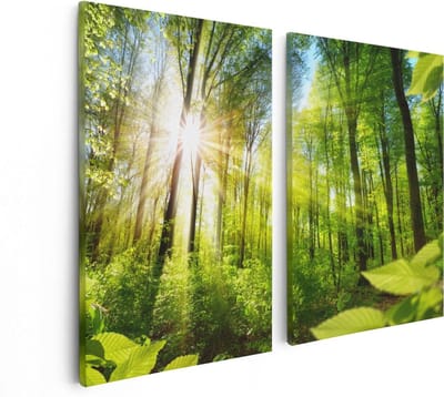 Artaza Canvas Schilderij Tweeluik Weg Omringd Met Bomen In Het Bos - 80x60 cm - Wanddecoratie Woonkamer - Schilderijen - Muurdecoratie