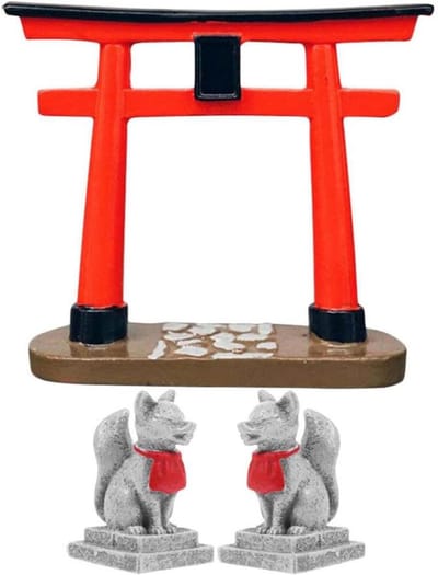 Allecto Plus - Japanse Torii ingang miniatuur Rode Shinto poort met vos figuur poppenhuis feeënpoort feng shui geluksbeeld aquarium Shinto-poort zen tuin accessoires