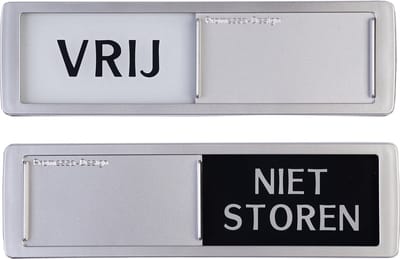 Vrij - Niet Storen Schuifbordje - Grijs Zwart - Hoge Kwaliteit - Aluminium Look - 17,5 cm x 5 cm x 0,6 cm - Promessa Design.