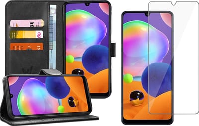 Hoesje geschikt voor Samsung Galaxy A31 - Screen Protector GlassGuard - Book Case Kunstleer Pasjeshouder Zwart & Screenprotector