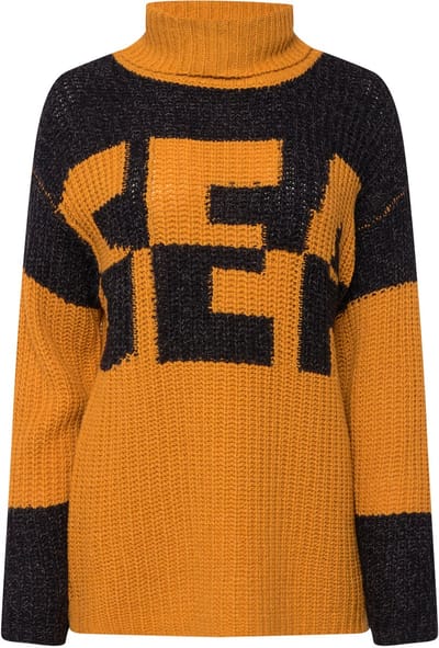 Laurasøn - Dames - Trui colorblocking SEA-wording tweekleurig col lange mouw - Oker - Maat L
