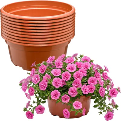 Garronda Set van 10 ronde kunststof plantenbakken met drainage (Terracotta, Ø23 x 11 cm – 3,5 L) GD-KW-B-Terracotta