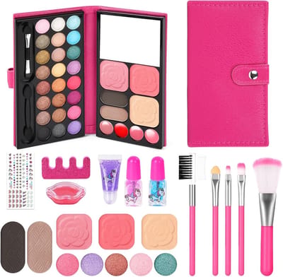 Makeup Set voor Meisjes met 33 Kleuren en 12 Stukken, Inclusief 5 Kwasten, Wasbare Kindermake-up, Niet-Toxische Cosmetica, Perfect Cadeau voor Kinderen