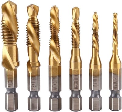Set van 6 HSS boortaps met 1/4 inch hex aansluiting voor metrische schroefdraad M3-M10, ideaal voor precisiewerk en metaalbewerking