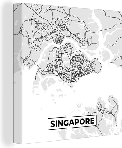 Canvas Schilderij Singapore - Plattegrond - Stadskaart - Zwart Wit - Kaart - 20x20 cm - Wanddecoratie