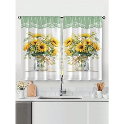 2 stuks Nieuwe Mode Meerkleurige Zonnebloemprint Keuken Raamgordijn voor het Decoreren van Slaapkamers Studeerkamers Cafés en Woonkamers W.27.5xH.42inch