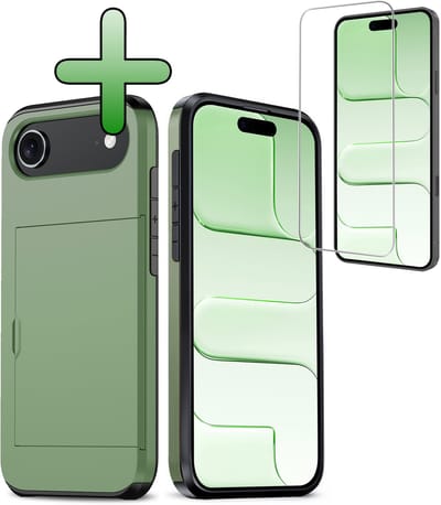 Hoes Geschikt voor iPhone Air Hoesje Hard Case Met Pas Houder Met Screenprotector - Hoesje Geschikt voor iPhone Air Hoes Shockproof Hard Cover Met Kaarthouder - Donkergroen
