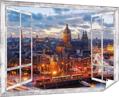 Gards Tuinposter Doorkijk Amsterdam Centrum Luchtfoto Zonsondergang - 180x120 cm - Tuindoek - Tuindecoratie - Wanddecoratie buiten - Tuinschilderij