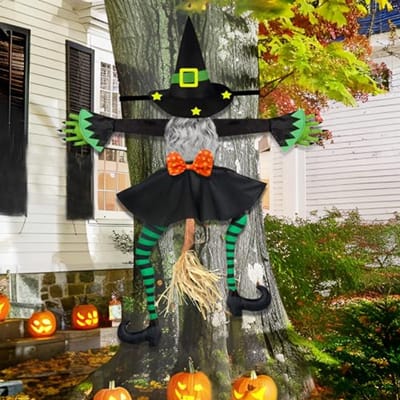 Halloween Decoration Outdoor Flying Witch: 110cm Witch Collides with Hanging Tree, Halloween Decoration for Outdoor Indoor Courtyard Garden Porch Door
