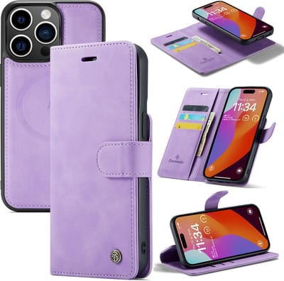 Casemania Hoesje Geschikt voor Apple iPhone 15 Bright Lila - 2 in 1 Book Case - Geschikt voor MagSafe