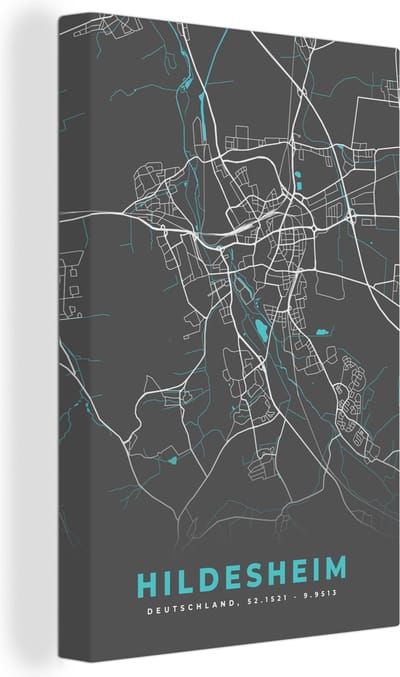Canvas Schilderij Stadskaart – Plattegrond – Duitsland – Blauw – Hildesheim – Kaart - 20x30 cm - Wanddecoratie