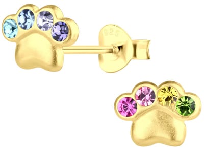 Joy|S - Zilveren kat hond dierenpoot oorbellen - 8 x 6 mm - multicolor kristalletjes - gold plated - kinderoorbellen - poot afdruk oorknoppen