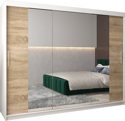 InspireMe - Kledingkast met 3 schuifdeuren, Modern-stijl, Kledingkast met planken (BxHxD): 250x200x62 - TORM II 250 Wit Mat + Sonoma Eik