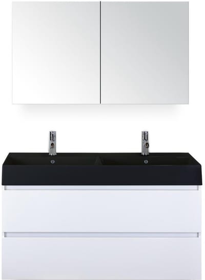 Maxx XL Badmeubelset 120 cm - Wit Hoogglans - Wastafel Kube Dubbel Zwart 2 Kraangaten met Spiegelkast