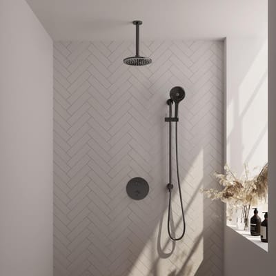 Brauer Gunmetal Edition thermostatische inbouw regendouche 3-weg rond SET 95 met 20 cm douchekop en plafondarm en 3-standen handdouche en doucheslang en geïntegreerde glijstang gunmetal geborsteld PVD