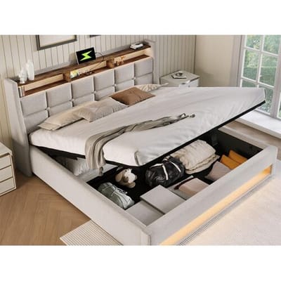 ModernLuxe Linnenopbergbed 180x200cm met LED- en USB-poorten - lattenbodem - beige