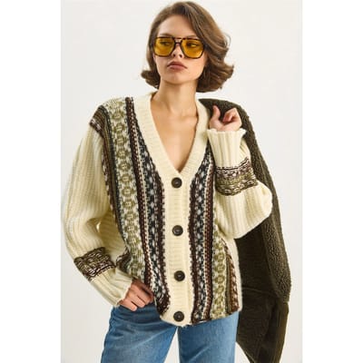 Etnische Print V-hals Lange Mouw Knopen Sluiting Cardigan