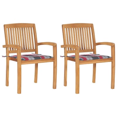 vidaXL - Tuinstoelen - 2 - st - met - rood - geruite - kussens - massief - teakhout