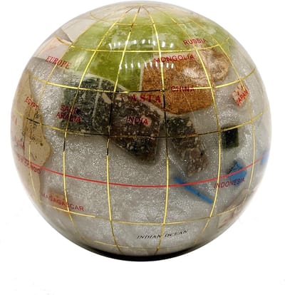 Edelsteen Wereldbol - Bureau Decoratie - Papier Gewicht - Handgemaakt Parelmotief - 3 Inch Diameter - Parelwit Blauw
