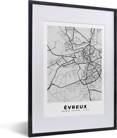 Fotolijst incl. Poster - Stadskaart – Frankrijk – Kaart – Évreux – Plattegrond - 30x40 cm - Posterlijst