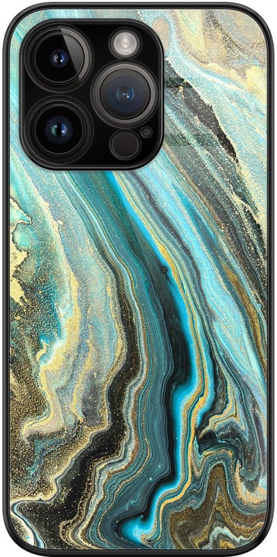 Hoesje geschikt voor iPhone 14 Pro - Marmer mint - Luxe Glazen Hardcase - Hippe print - Blauw - Leuke Telefoonhoesjes