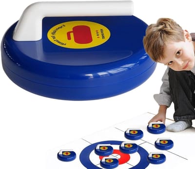 Indoor Curling Spel - Bureauspel - Ontspanning Binnen - Geen IJsbaan Nodig - 14 cm - Blauw