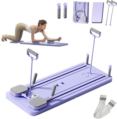 Compact Pilates Board Paars Pilates Reformer 8-in-1 – Full Body Workout voor Thuis – Incl. Weerstandsbanden, Timer, sokken & Antislipmat – Opvouwbaar & Stijlvol Fitnessapparaat