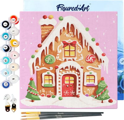 Figured'Art Mini Schilderen op Nummer Volwassenen 20x20cm met lijst Gemberkoekhuis - Klein Formaat Creatieve Hobby Kit DIY Art Nummer Compleet