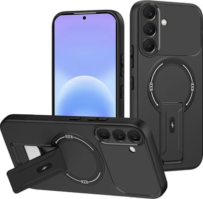 Casemania Hoesje Geschikt voor Samsung Galaxy A37 - Zwart - Magnetische Telefoonhoesje Geschikt voor MagSafe - Stevige Siliconen Back Cover met Kickstand Standaard en Camera Bescherming