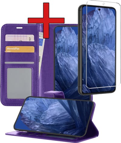 Hoesje - Met Screenprotector - Geschikt voor Google Pixel 8a - Luxe Pasjeshouder - Flipcase - Bookcase Portemonee - Flip Case - Kunstleer Book Case - Book Cover - Walletcase - Portemonneehoes - Telefoonhoes - Paars