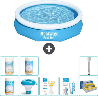 Bestway Rond Opblaasbaar Fast Set Zwembad - 305 x 66 cm - Blauw - Inclusief Chloor - Chloordrijver - Testrips - Reparatiesetje - Scrubborstel - PH-min - PH-plus - Thermometer - 9-delig