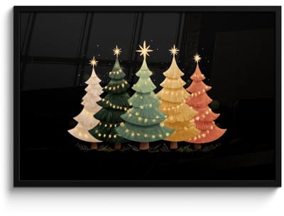 Poster in lijst - Fotolijst 90x60 cm - Posters - Kerstbomen - Kleurrijk - Lichtjes - Ster - Posterlijst zwart - Decoratie - Wanddecoratie woonkamer - Muurdecoratie slaapkamer - Kerstversiering - Kerstdecoratie voor binnen - Kerstmis