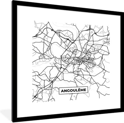 Fotolijst incl. Poster Zwart Wit- Angoulême - Stadskaart – Plattegrond – Kaart – Frankrijk - Zwart wit - 40x40 cm - Posterlijst