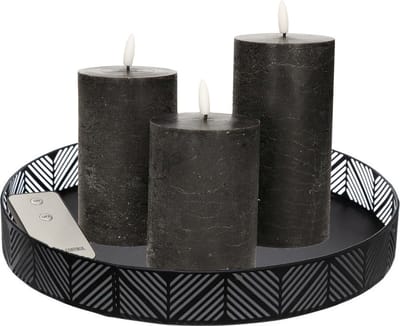 Anna Collection LED kaarsen - 3x stuks - zwart - met rond dienblad - kaarsenbord - D29 cm - metaal