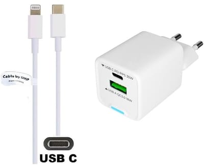 OneOne 35W super snellader met 2 poorten + 2,0m OneOne USB C naar Lightning kabel. PD lader. Oplader adapter past op Apple iPad Mini, iPad Mini 2, iPad Mini 3, iPad Mini 4, iPad Mini 5, iPad Air, iPad Air 2, iPad Air 3