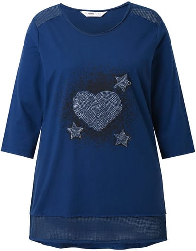 Angel of Style - Dames - T-shirt A-lijn glinsterend hart mesh inzetten - Donkerblauw - Maat 46