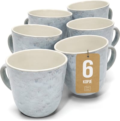Pure Living Ibiza Light Koffiemokken Voor 6 Personen - 435ml - Beigeblauw - Aardewerk - Krasbestendig - Vaatwasserbestendig