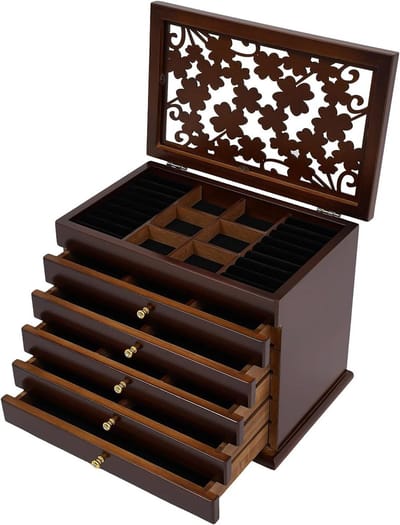 Houten Sieradenkist - Juwelendoos Organizer - Sieraden Opbergen - Zes Lagen Vijf Lades - 31 x 20 x 24.5 cm