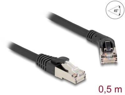 Delock RJ45 Network Cable Cat.6A S/FTP plug 45° right angled to plug straight 0.5 m black